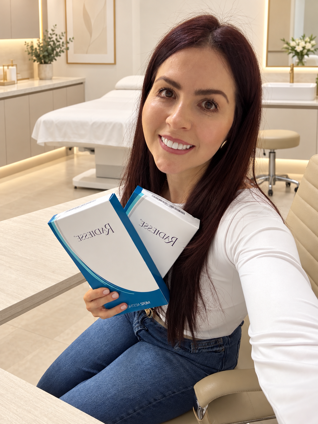 Dra. Sharon Rosales con Radiesse para bioestimulación de colágeno
